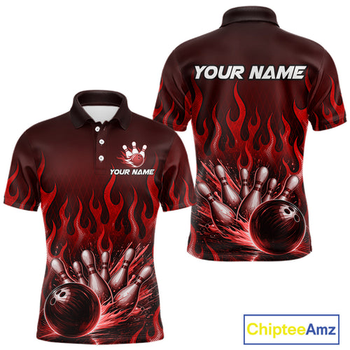 Custom Red Flame Bowling Jersey Bowling Uniform Polo &1/4 Zip Bowling Team Shirts