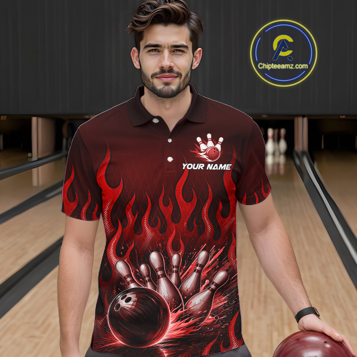 Custom Red Flame Bowling Jersey Bowling Uniform Polo &1/4 Zip Bowling Team Shirts