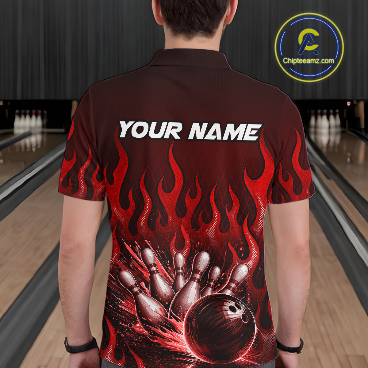 Custom Red Flame Bowling Jersey Bowling Uniform Polo &1/4 Zip Bowling Team Shirts