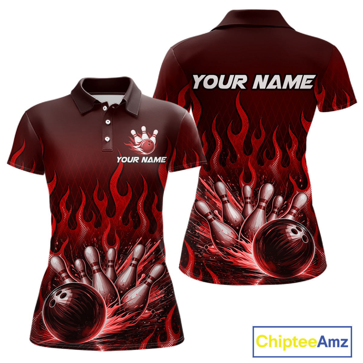 Custom Red Flame Bowling Jersey Bowling Uniform Polo &1/4 Zip Bowling Team Shirts