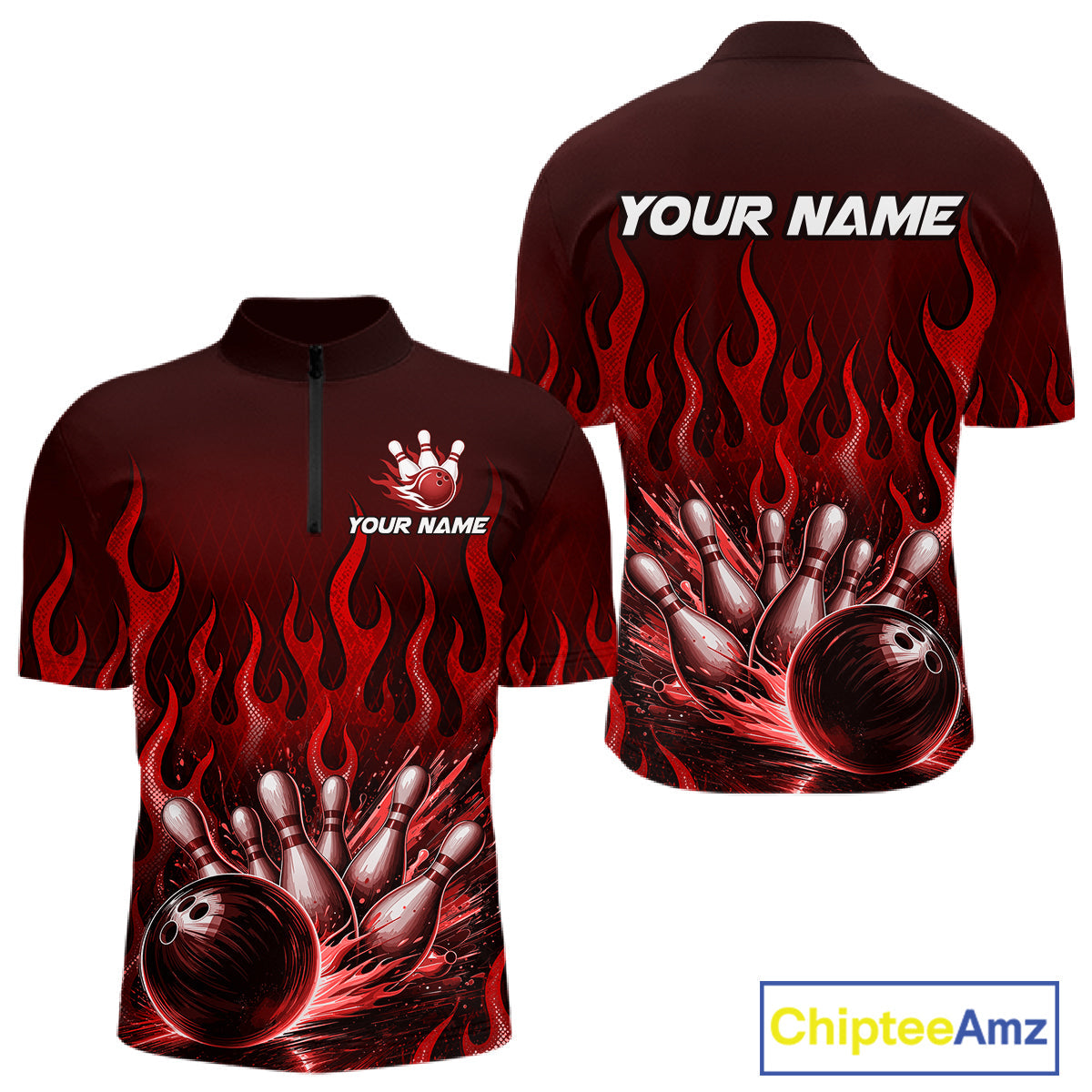 Custom Red Flame Bowling Jersey Bowling Uniform Polo &1/4 Zip Bowling Team Shirts