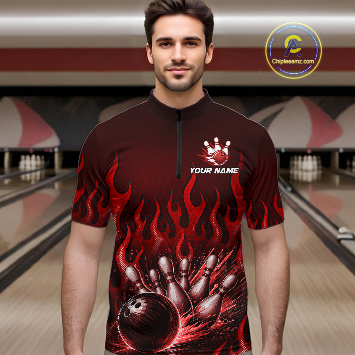 Custom Red Flame Bowling Jersey Bowling Uniform Polo &1/4 Zip Bowling Team Shirts