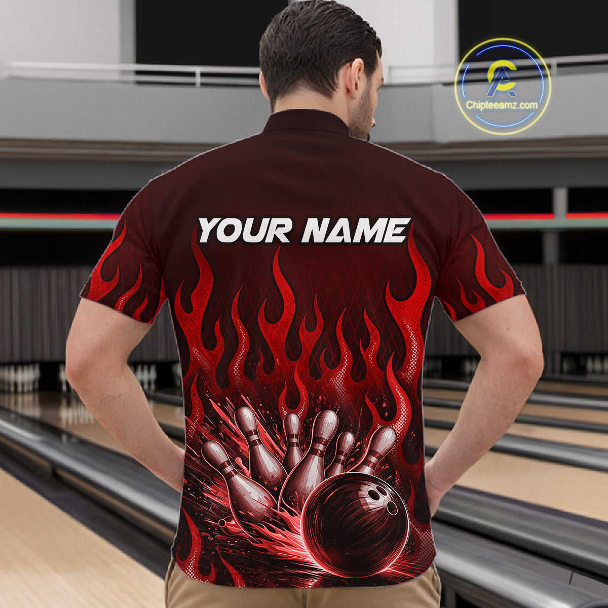 Custom Red Flame Bowling Jersey Bowling Uniform Polo &1/4 Zip Bowling Team Shirts