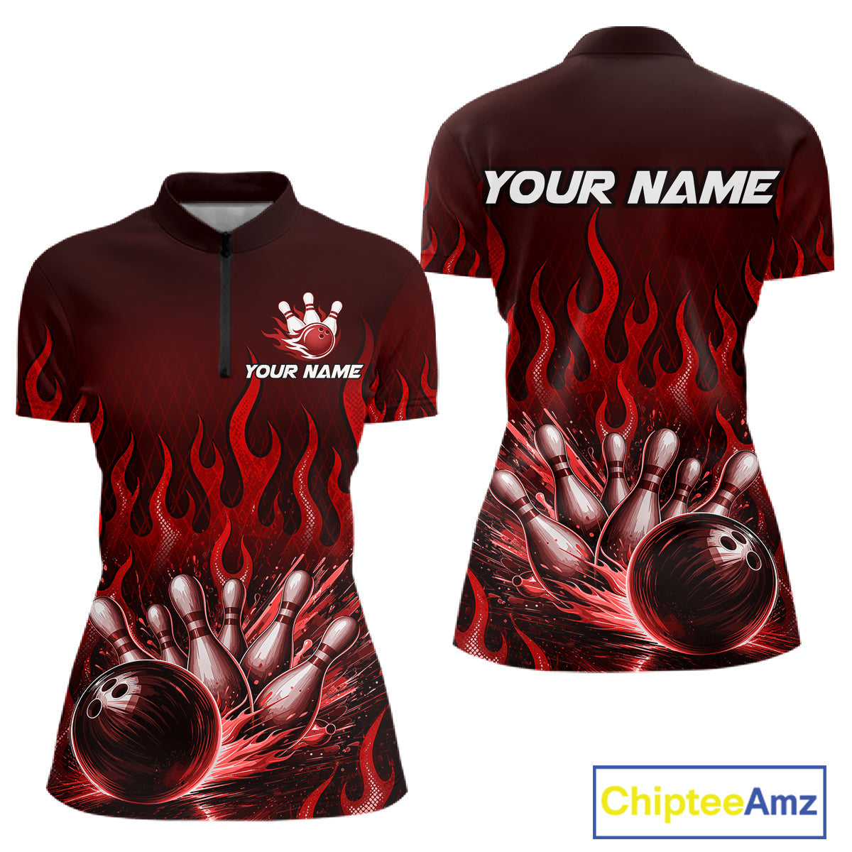 Custom Red Flame Bowling Jersey Bowling Uniform Polo &1/4 Zip Bowling Team Shirts