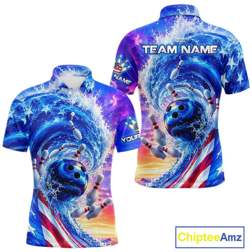 Custom American Wave Patriotic Bowling Jersey Unisex Bowling Team Shirts Polo & 1/4 Zip