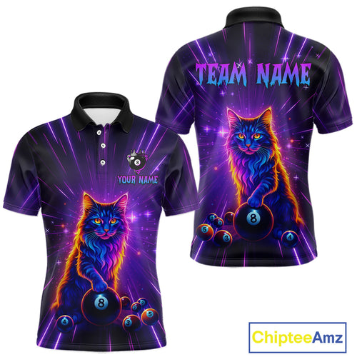 Personalized Funny Neon Cat 8 Ball Pool Billiard Polo & 1/4 Zip, Billiard Shirt, Billiard Team Jerseys