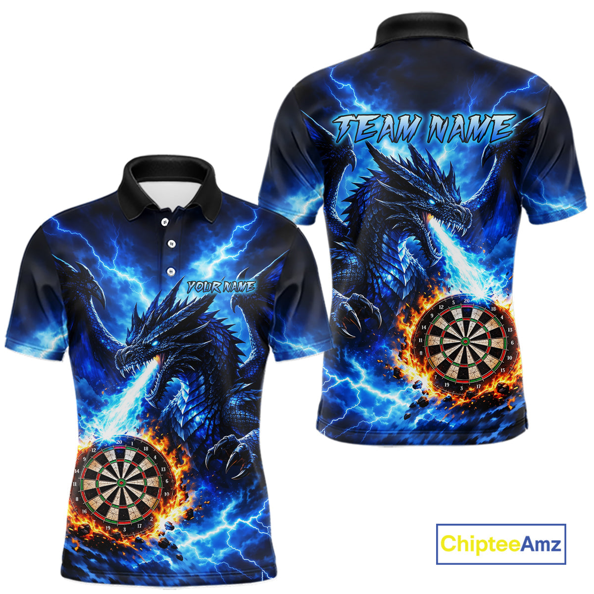 Custom Blue Flaming Dragon Dart Shirts Dart Team Jerseys Dartboard League Shirt