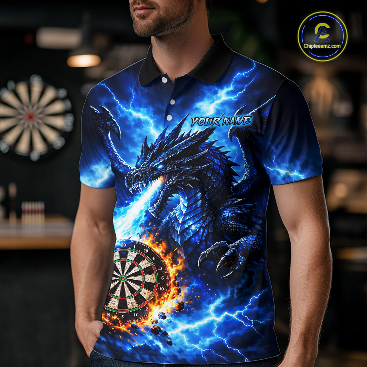 Custom Blue Flaming Dragon Dart Shirts Dart Team Jerseys Dartboard League Shirt