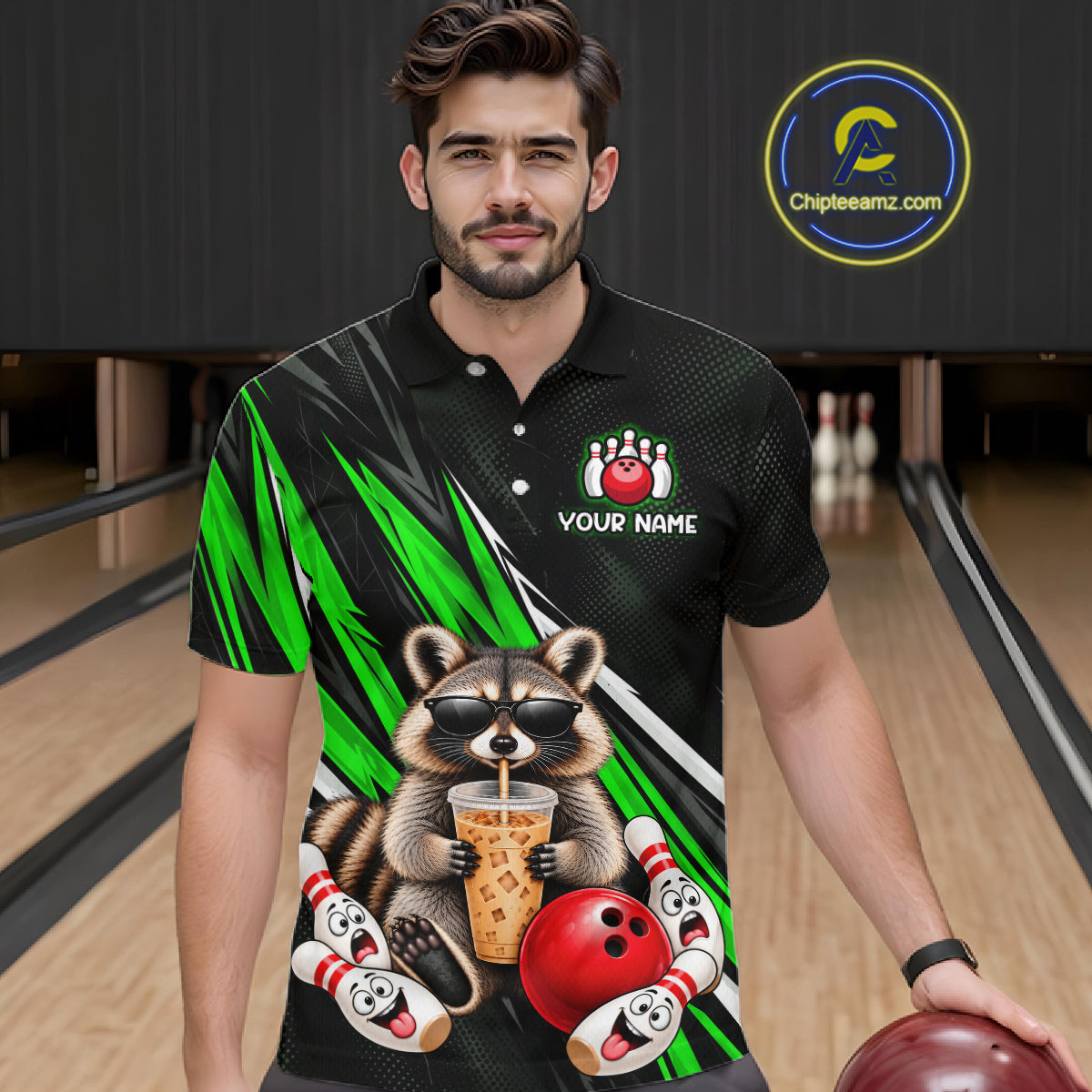 Green Funny Raccoon Drinking Iced Coffee Bowling Shirt, Custom Bowling Team Shirts