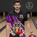 Purple Funny Raccoon Drinking Iced Coffee Bowling Shirt, Custom Bowling Team Shirts