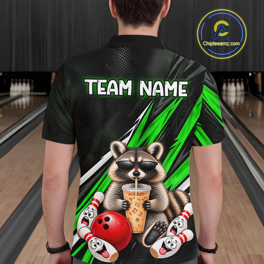 Green Funny Raccoon Drinking Iced Coffee Bowling Shirt, Custom Bowling Team Shirts
