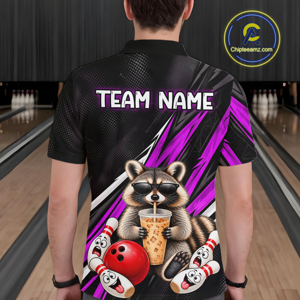Purple Funny Raccoon Drinking Iced Coffee Bowling Shirt, Custom Bowling Team Shirts