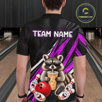 Purple Funny Raccoon Drinking Iced Coffee Bowling Shirt, Custom Bowling Team Shirts