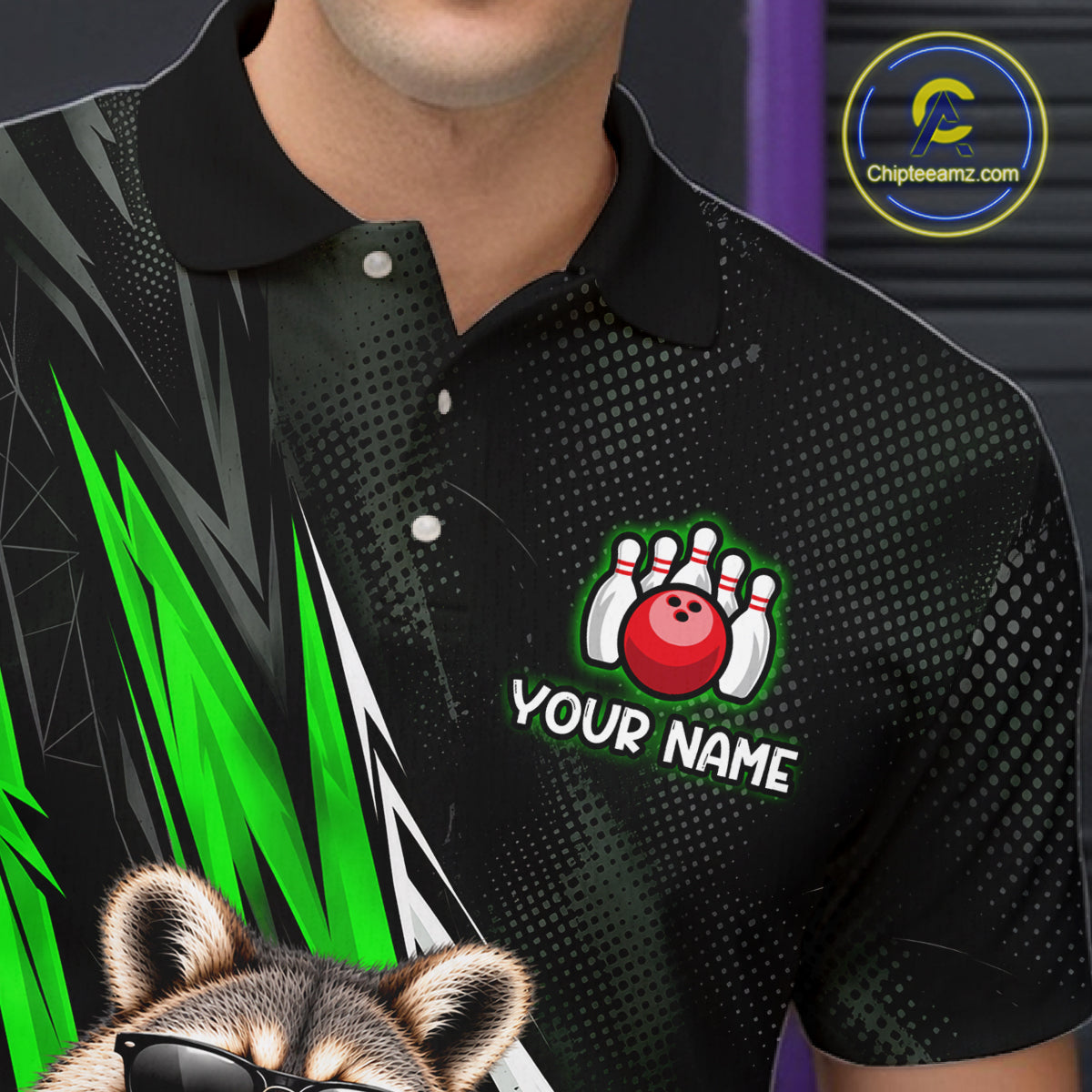 Green Funny Raccoon Drinking Iced Coffee Bowling Shirt, Custom Bowling Team Shirts