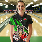 Green Funny Raccoon Drinking Iced Coffee Bowling Shirt, Custom Bowling Team Shirts