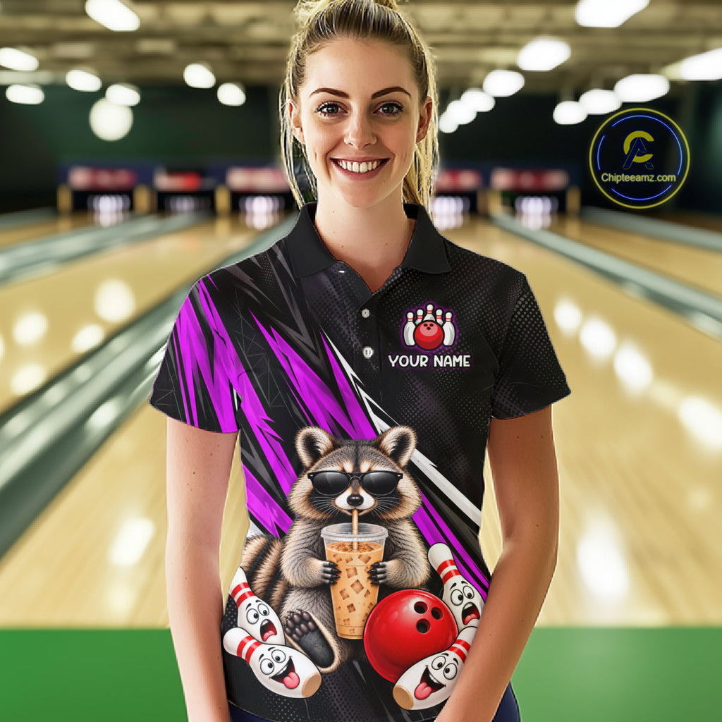 Purple Funny Raccoon Drinking Iced Coffee Bowling Shirt, Custom Bowling Team Shirts