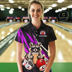 Purple Funny Raccoon Drinking Iced Coffee Bowling Shirt, Custom Bowling Team Shirts