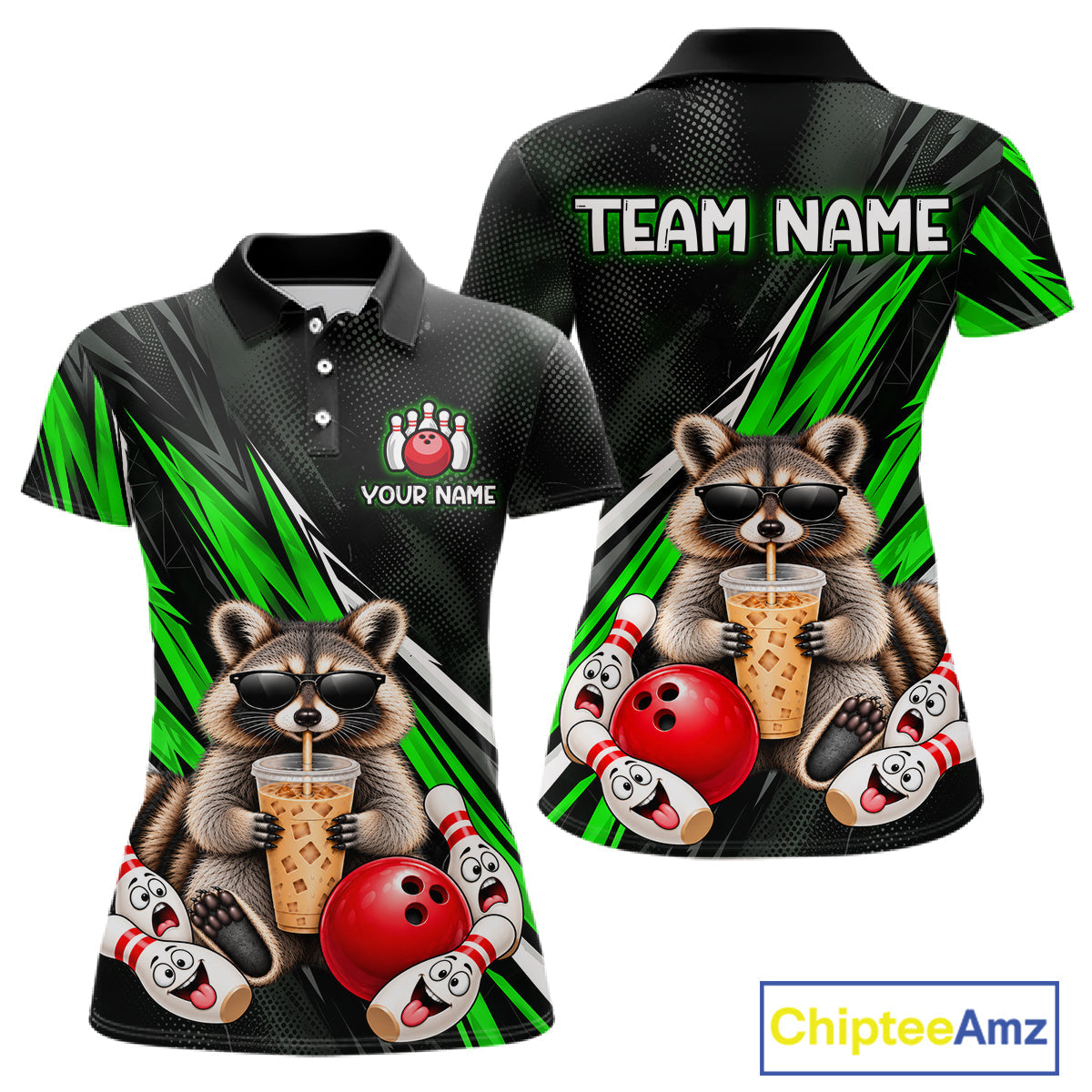 Green Funny Raccoon Drinking Iced Coffee Bowling Shirt, Custom Bowling Team Shirts