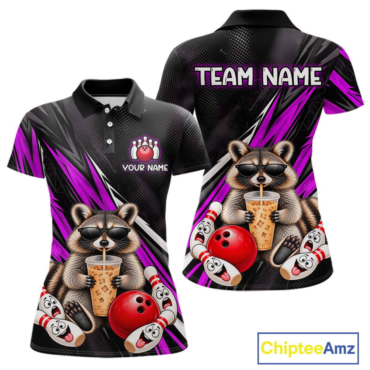 Purple Funny Raccoon Drinking Iced Coffee Bowling Shirt, Custom Bowling Team Shirts