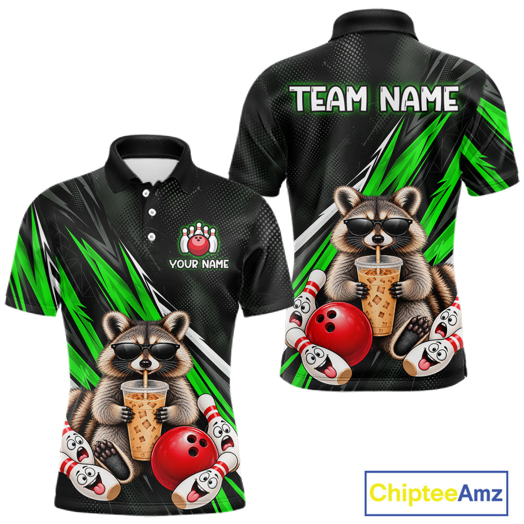 Green Funny Raccoon Drinking Iced Coffee Bowling Shirt, Custom Bowling Team Shirts