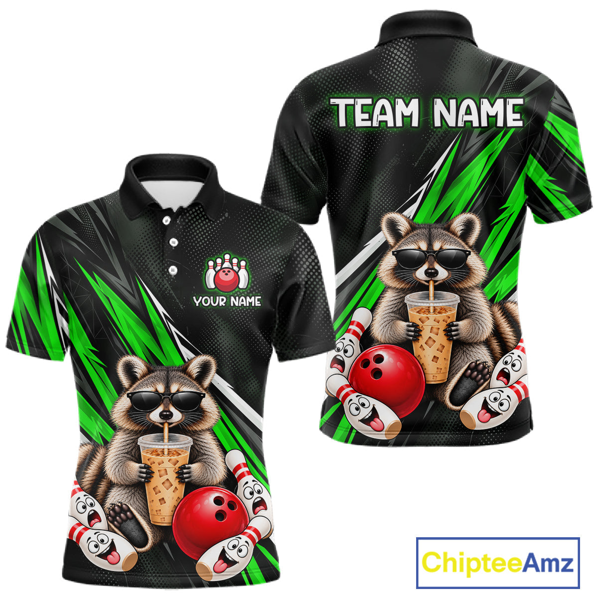 Green Funny Raccoon Drinking Iced Coffee Bowling Shirt, Custom Bowling Team Shirts