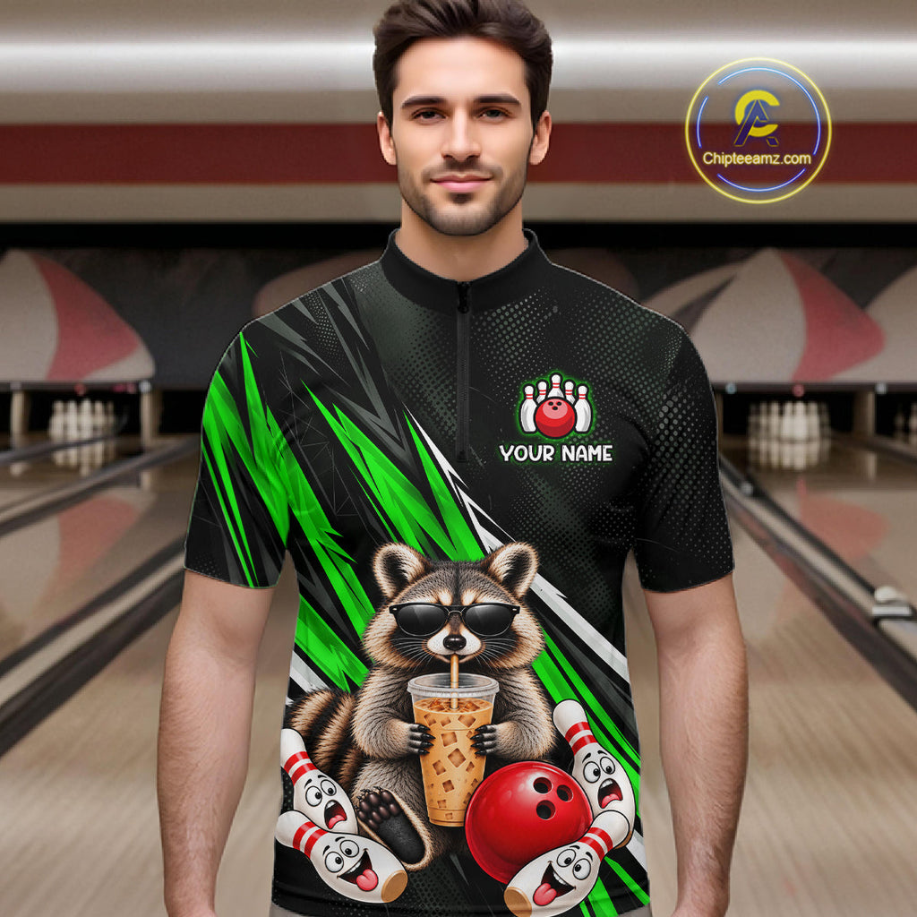 Green Funny Raccoon Drinking Iced Coffee Bowling Shirt, Custom Bowling Team Shirts