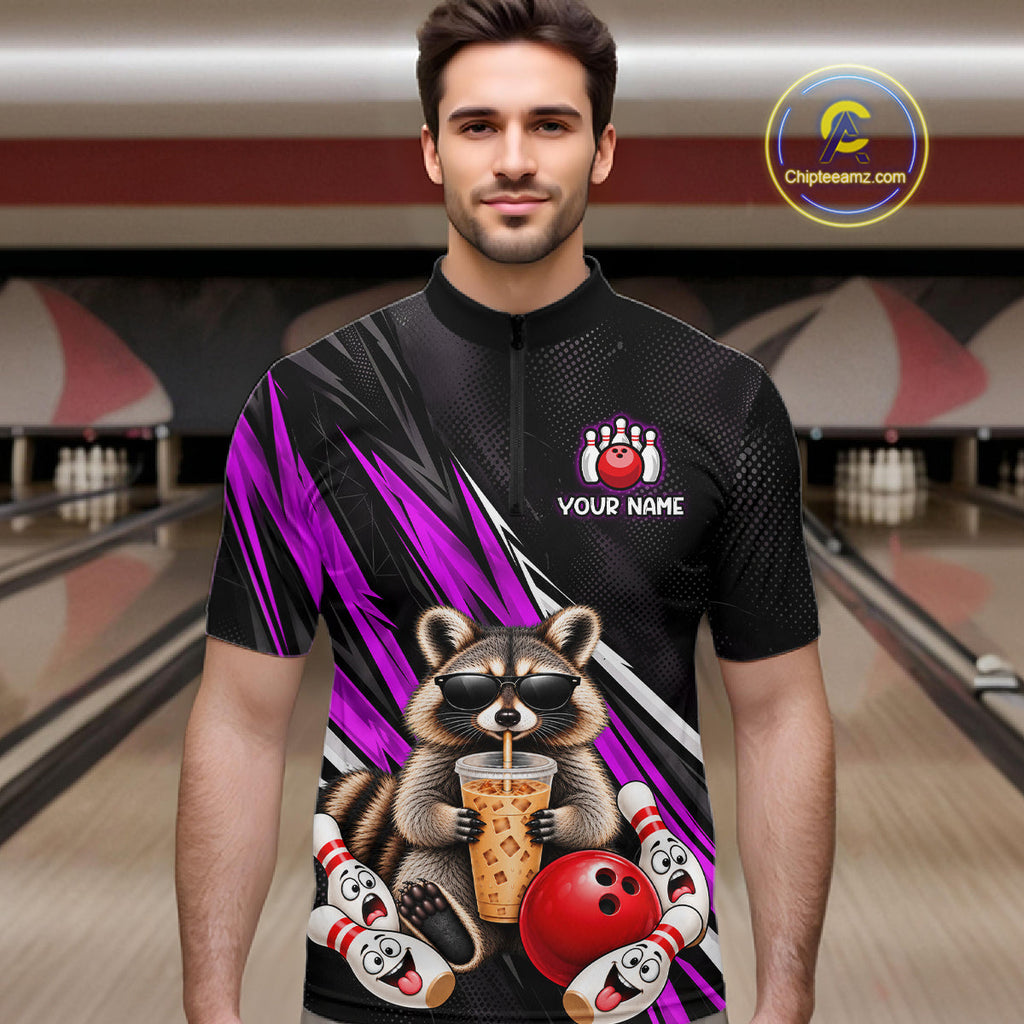 Purple Funny Raccoon Drinking Iced Coffee Bowling Shirt, Custom Bowling Team Shirts