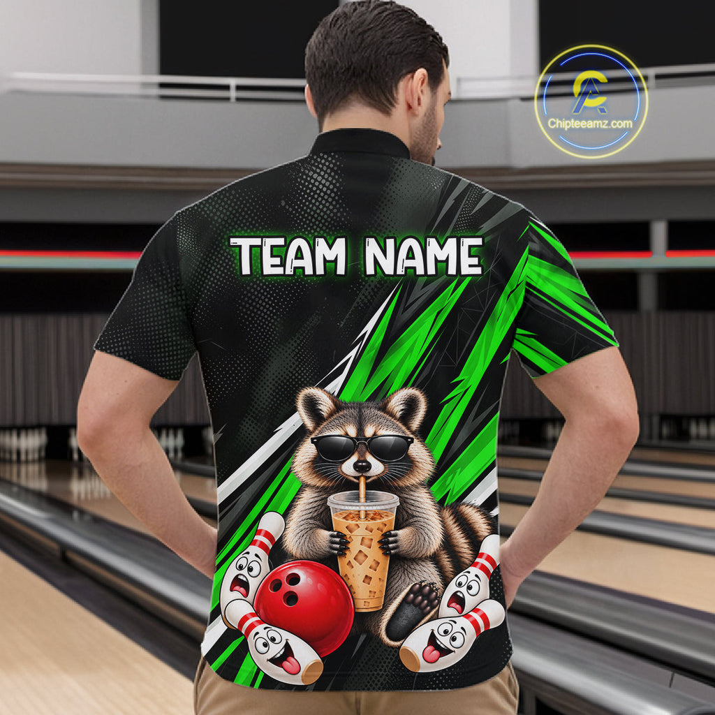 Green Funny Raccoon Drinking Iced Coffee Bowling Shirt, Custom Bowling Team Shirts