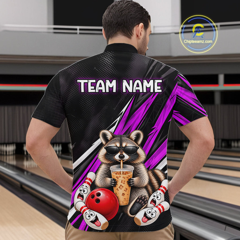Purple Funny Raccoon Drinking Iced Coffee Bowling Shirt, Custom Bowling Team Shirts