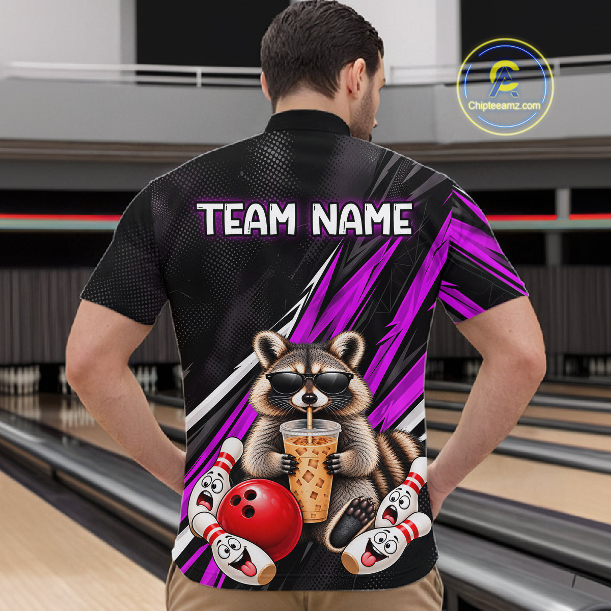 Purple Funny Raccoon Drinking Iced Coffee Bowling Shirt, Custom Bowling Team Shirts