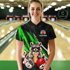 Green Funny Raccoon Drinking Iced Coffee Bowling Shirt, Custom Bowling Team Shirts