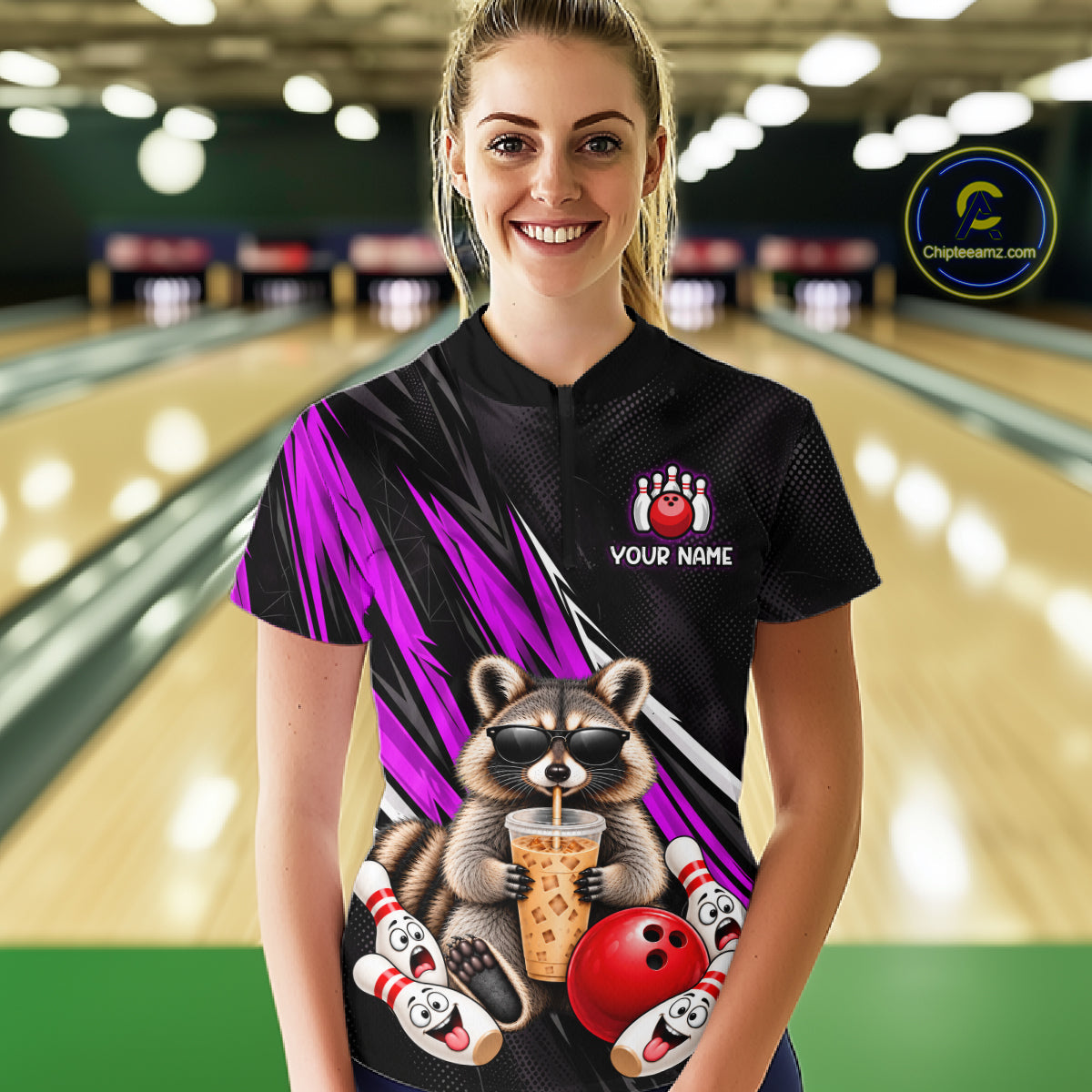 Purple Funny Raccoon Drinking Iced Coffee Bowling Shirt, Custom Bowling Team Shirts