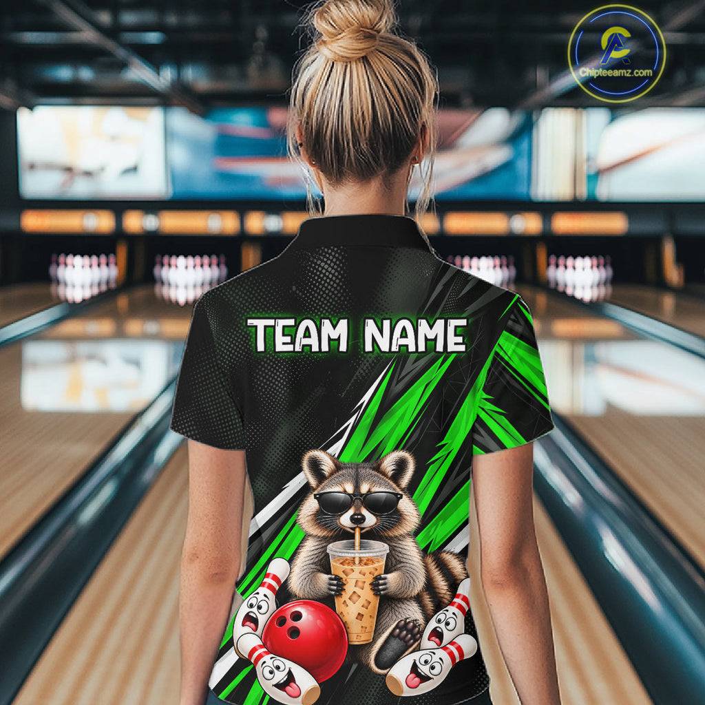 Green Funny Raccoon Drinking Iced Coffee Bowling Shirt, Custom Bowling Team Shirts