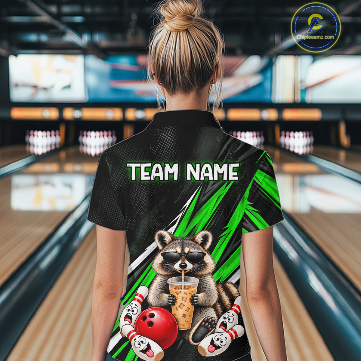 Green Funny Raccoon Drinking Iced Coffee Bowling Shirt, Custom Bowling Team Shirts