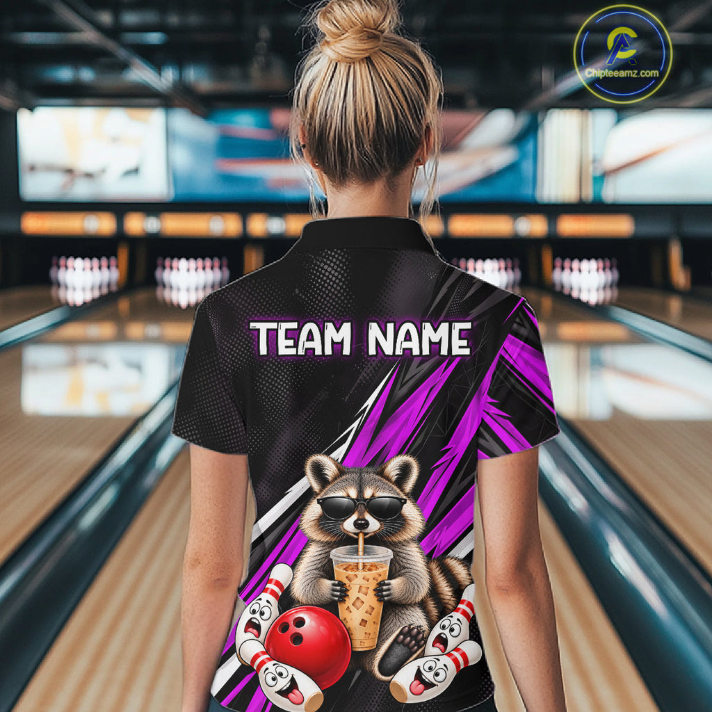 Purple Funny Raccoon Drinking Iced Coffee Bowling Shirt, Custom Bowling Team Shirts