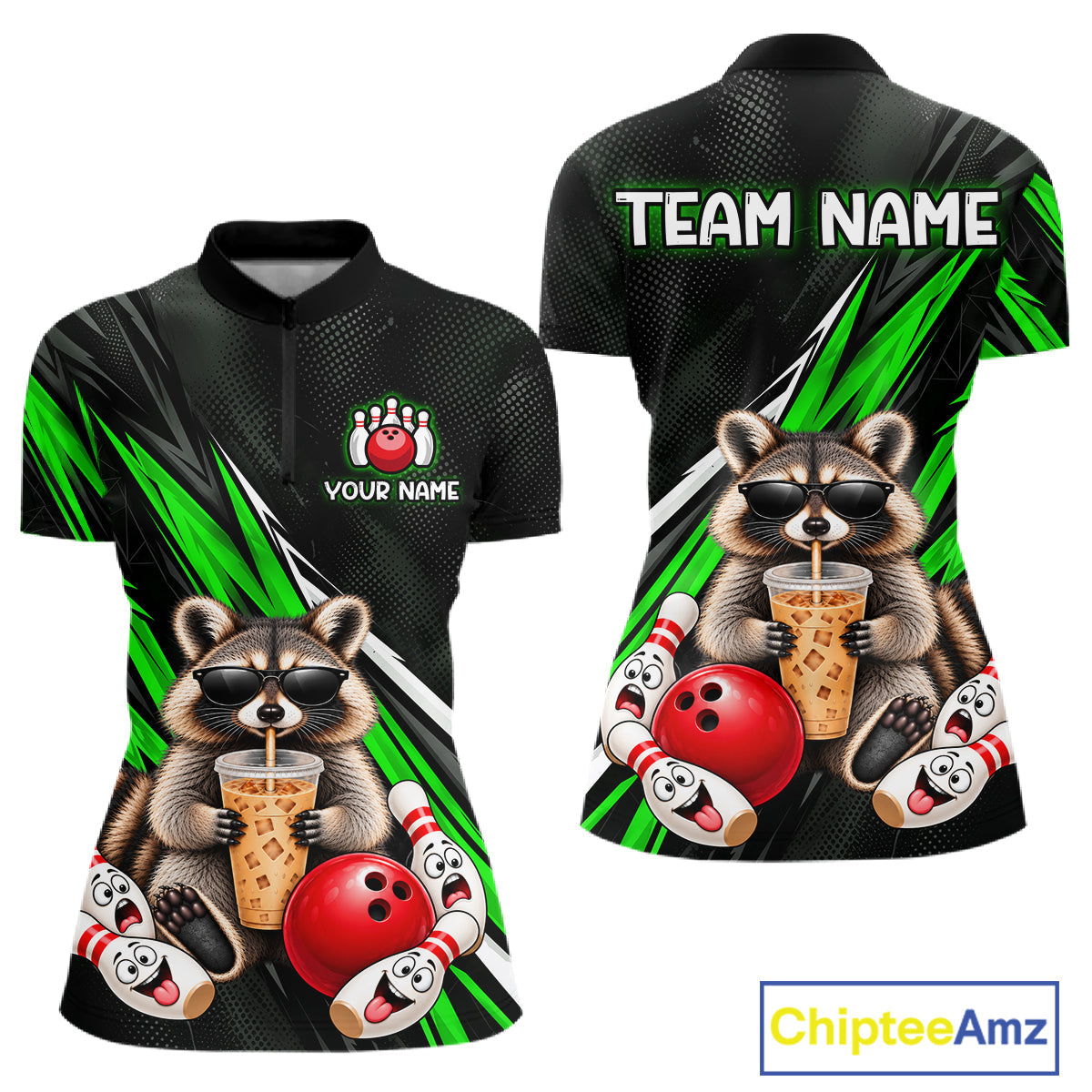 Green Funny Raccoon Drinking Iced Coffee Bowling Shirt, Custom Bowling Team Shirts