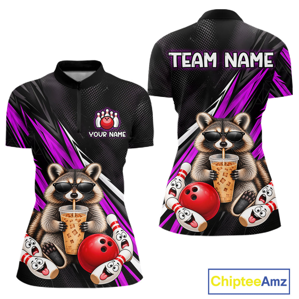 Purple Funny Raccoon Drinking Iced Coffee Bowling Shirt, Custom Bowling Team Shirts