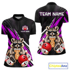 Purple Funny Raccoon Drinking Iced Coffee Bowling Shirt, Custom Bowling Team Shirts