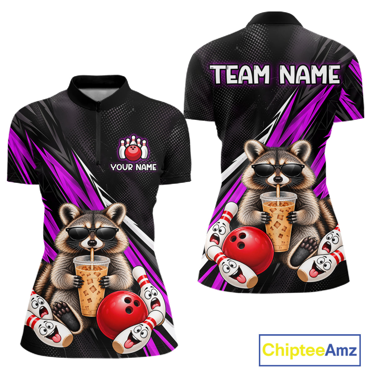 Purple Funny Raccoon Drinking Iced Coffee Bowling Shirt, Custom Bowling Team Shirts