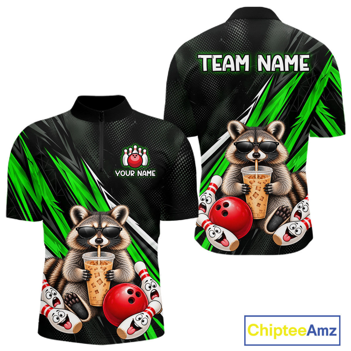 Green Funny Raccoon Drinking Iced Coffee Bowling Shirt, Custom Bowling Team Shirts