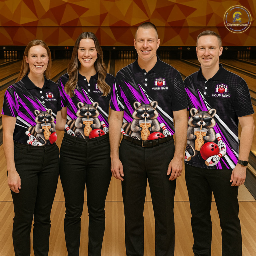 Purple Funny Raccoon Drinking Iced Coffee Bowling Shirt, Custom Bowling Team Shirts