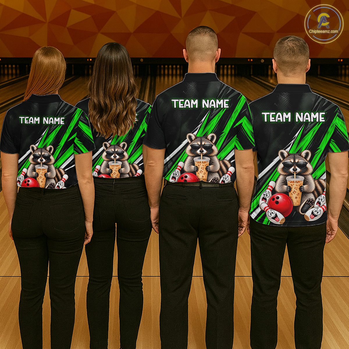 Green Funny Raccoon Drinking Iced Coffee Bowling Shirt, Custom Bowling Team Shirts