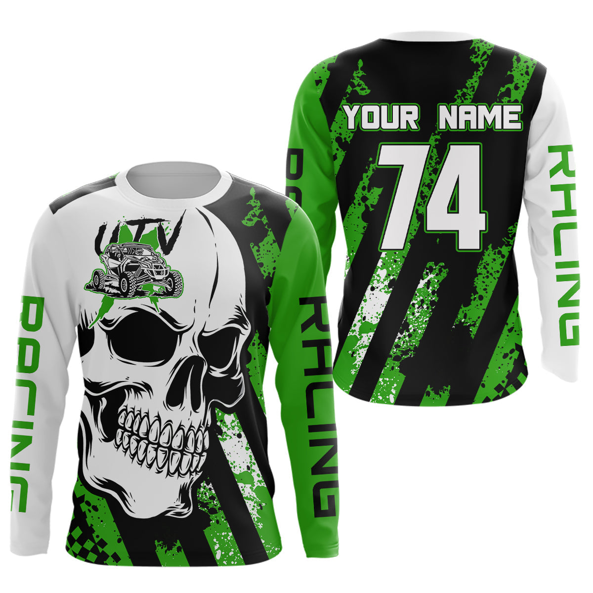 Custom Skull Green UTV Off-Road Shirts UTV Motocross Racing Shirt +