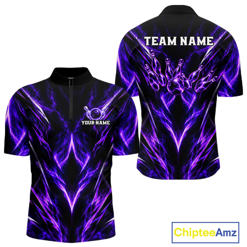 Custom Black Purple Smoke Bowling Team Shirts Bowling League Shirts Polo & 1/4 Zip