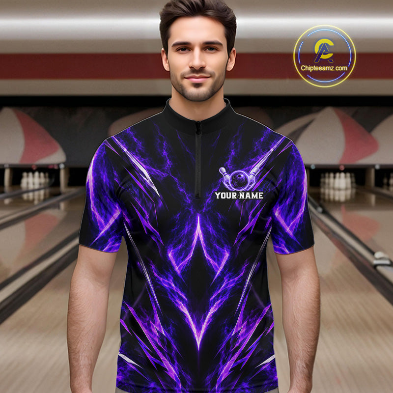 Custom Black Purple Smoke Bowling Team Shirts Bowling League Shirts Polo & 1/4 Zip