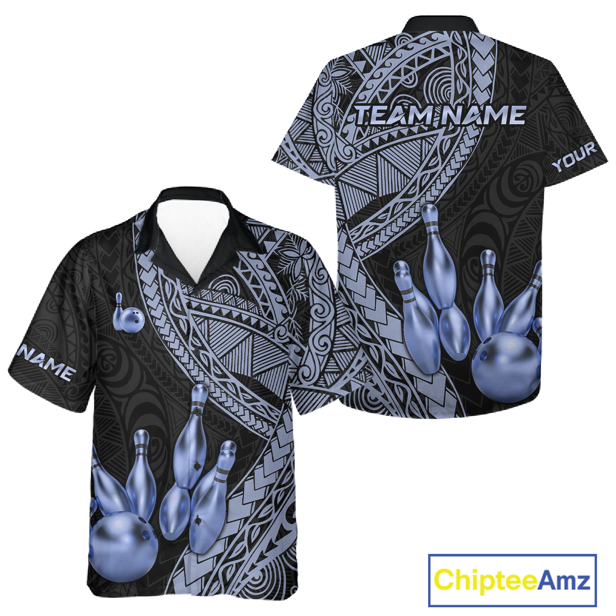 Custom Blue Tribal Hawaiian Bowling Jersey Bowling Team Shirts Bowling League