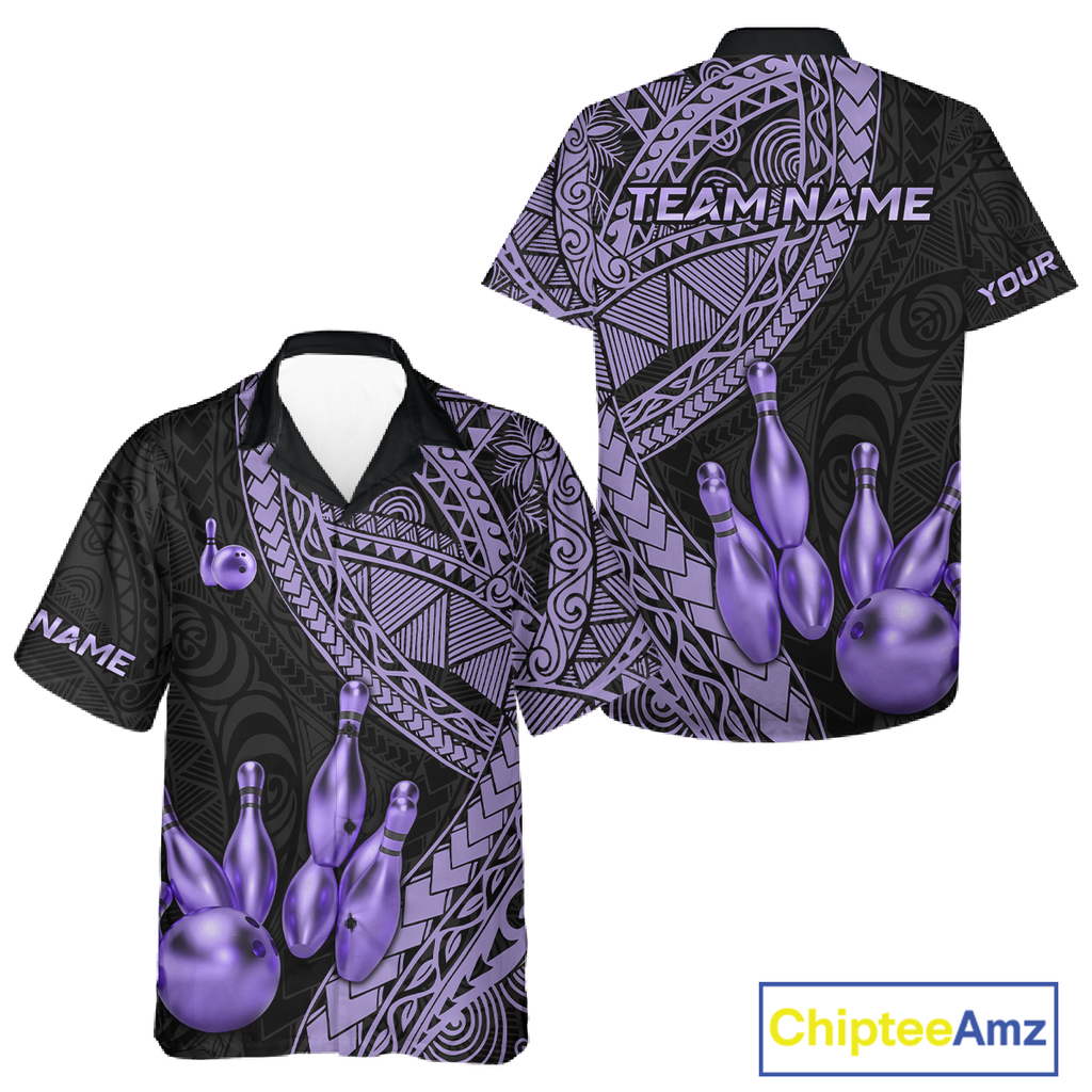 Custom Purple Tribal Hawaiian Bowling Jersey Bowling Team Shirts Bowling League