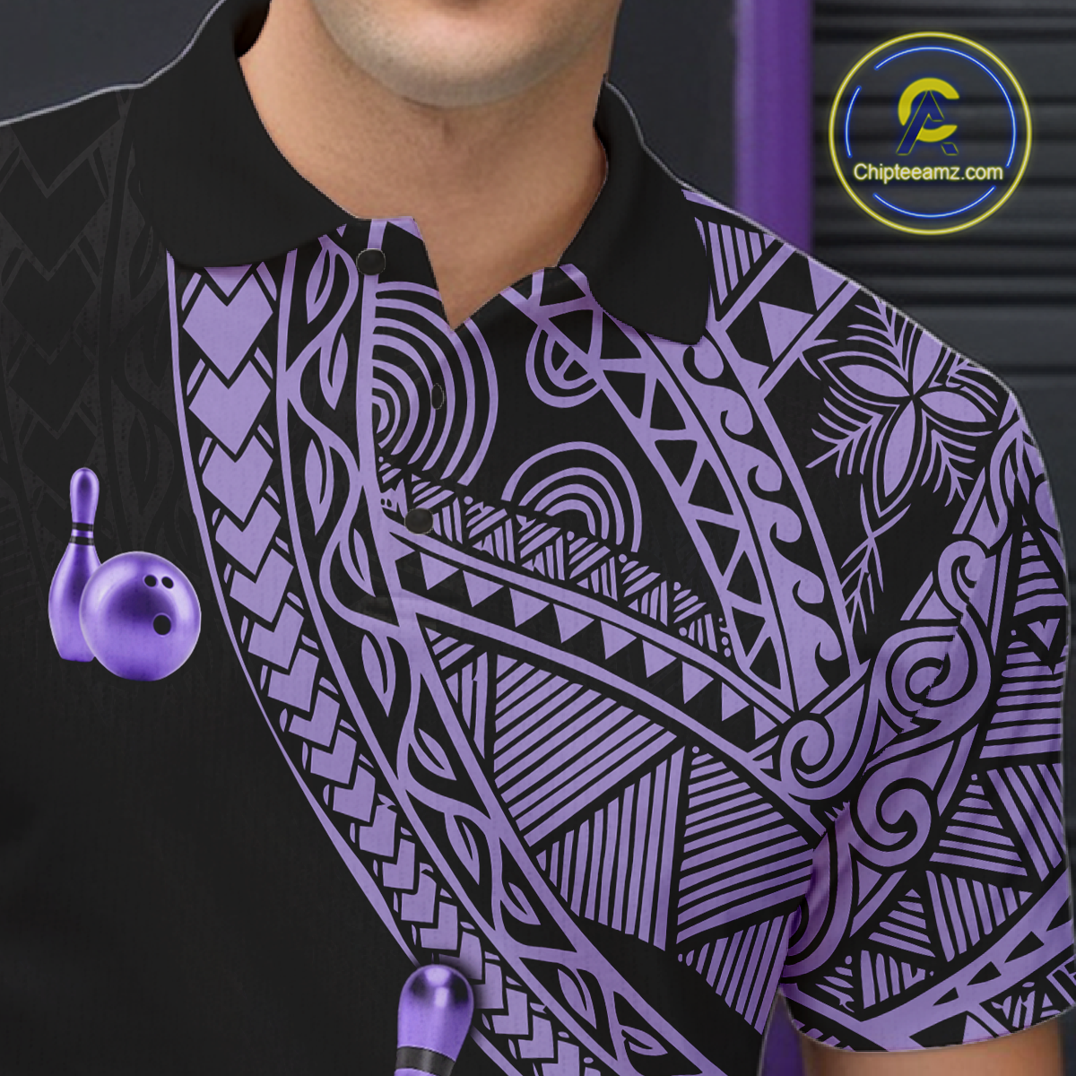 Black and Purple Tribal Pattern Bowling Jersey Bowling Uniform Bowling Team Shirts