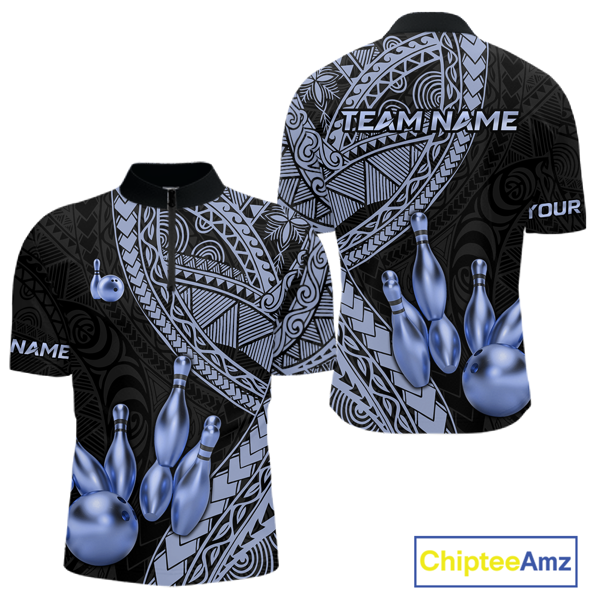 Black and Blue Tribal Pattern Bowling Jersey for Woen Bowling Uniform Bowling Team Shirts