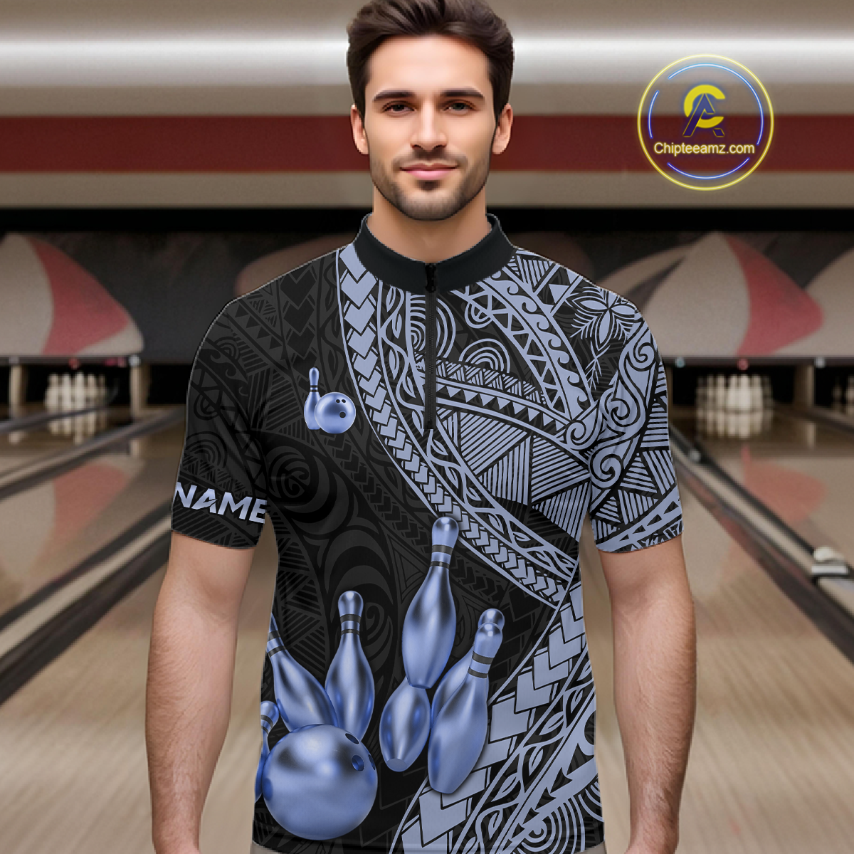 Black and Blue Tribal Pattern Bowling Jersey for Woen Bowling Uniform Bowling Team Shirts